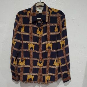 Vintage Carlisle 100% Silk Navy and Gold Alligator Patterned Shirt Size 10